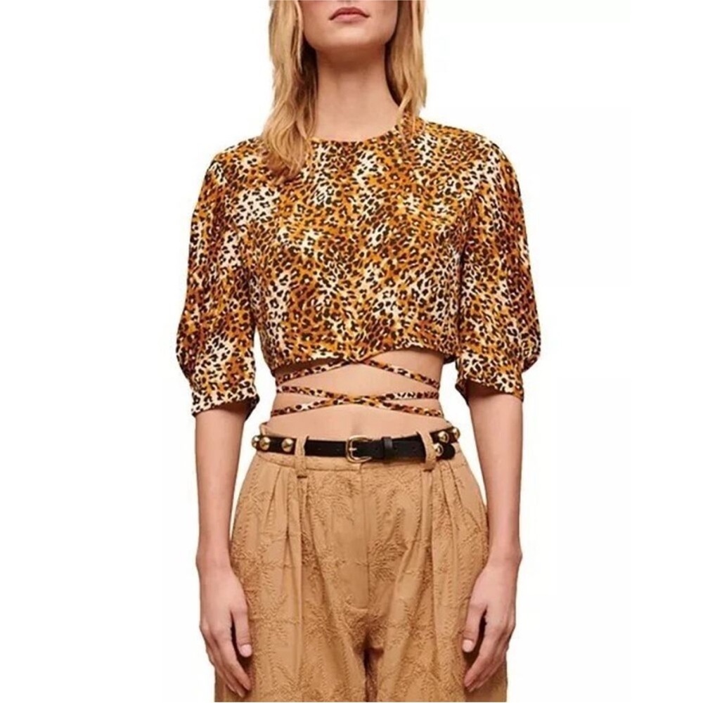 Maje Leopard Print Wrap Crop Top Puff Sleeve Tie Waist size Small NEW